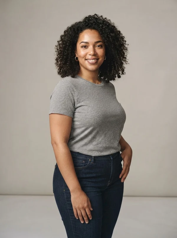 Tasha — AI fashion model, plus-size Black woman in her late 20s