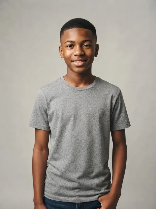 Tyler — AI teen model, Black teenage boy about 15 years old