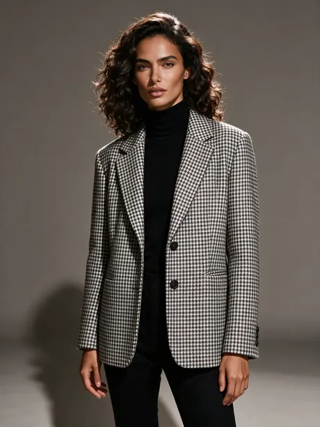 AI model Valentina wearing the houndstooth coat, full-body front pose