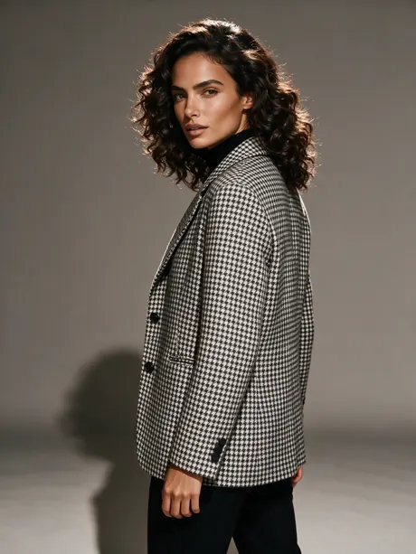 AI model Valentina wearing the houndstooth coat, looking back over her shoulder