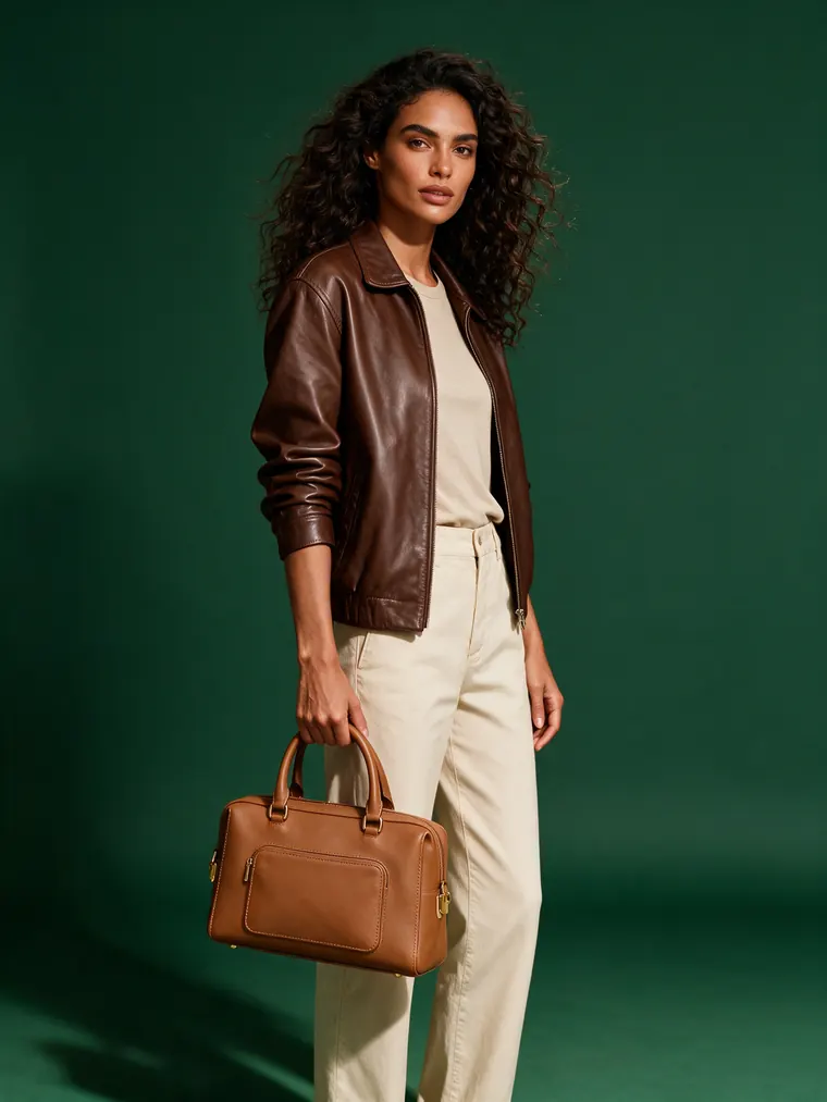 Handbag -> held on model after AI redesign