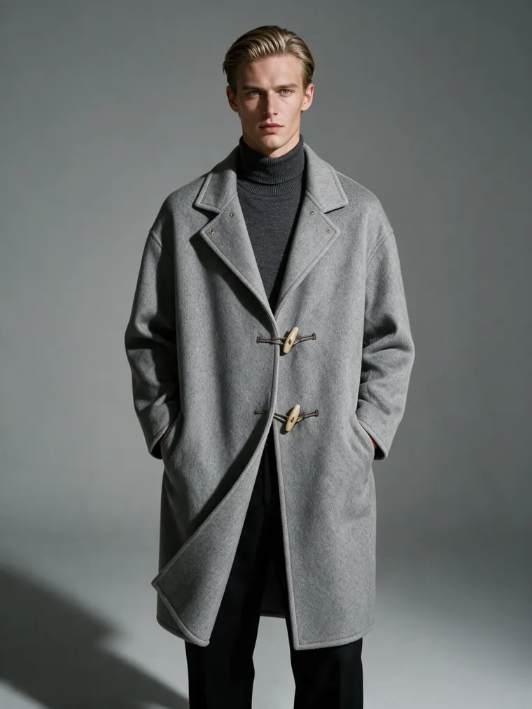 Wool overcoat -> menswear campaign shot after AI redesign