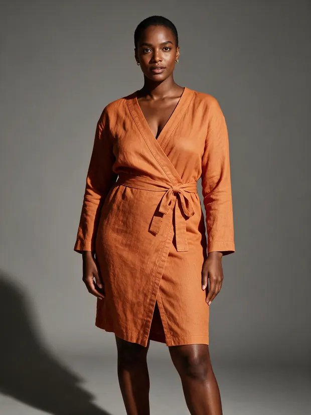 Flat-lay linen wrap dress turned into an on-model fashion photo
