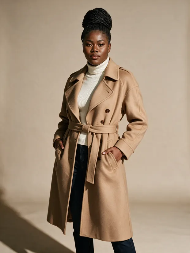 The same trench coat photo reshot on a different AI model