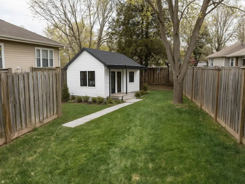 ADU visualizer result: a modern white backyard cottage with black windows and a porch after AI redesign