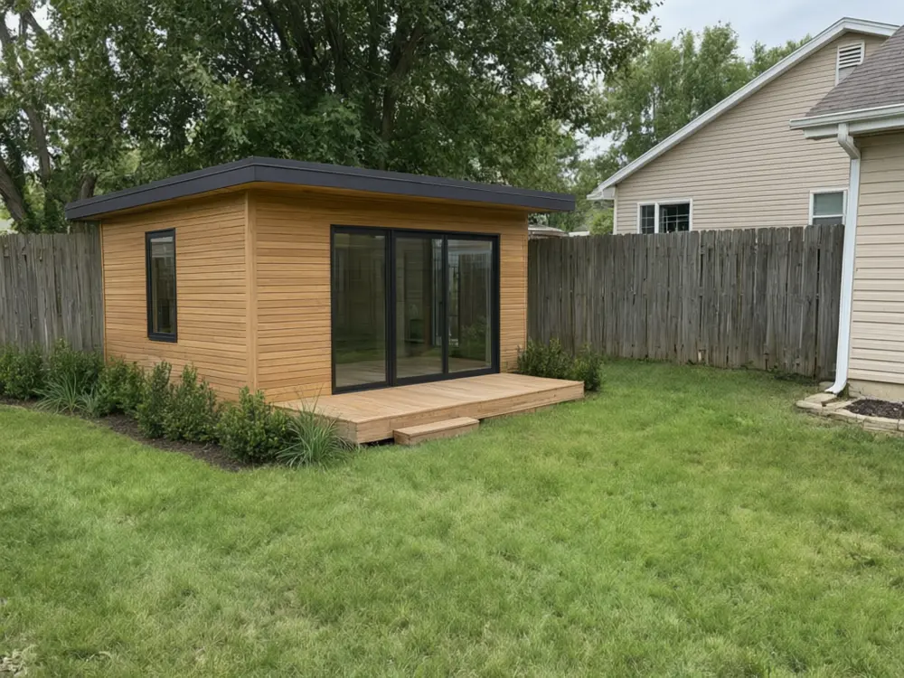 ADU visualizer result: a backyard studio with cedar cladding and glass doors after AI redesign