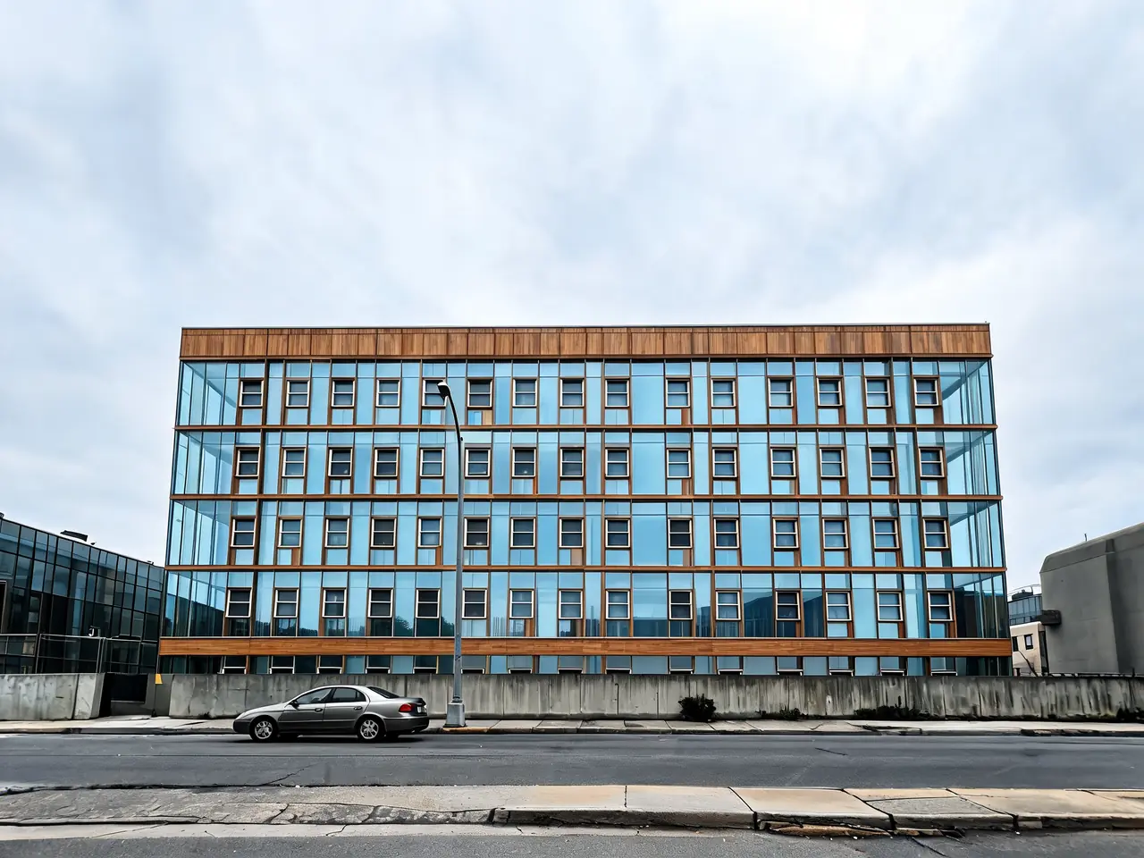 AI facade redesign of a dated concrete office building in glass and timber after AI redesign
