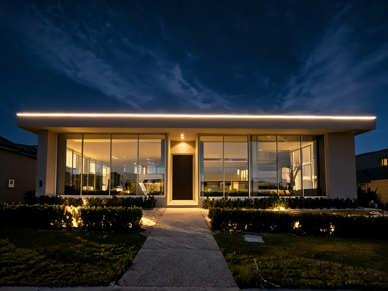 AI night render of a modern house with warm architectural lighting after AI redesign