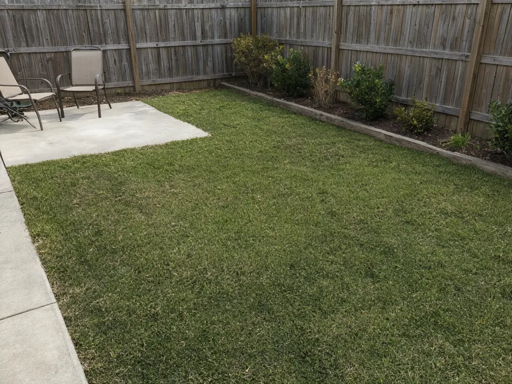 Artificial turf visualizer result: patchy dead backyard lawn replaced with natural-looking artificial turf after AI redesign