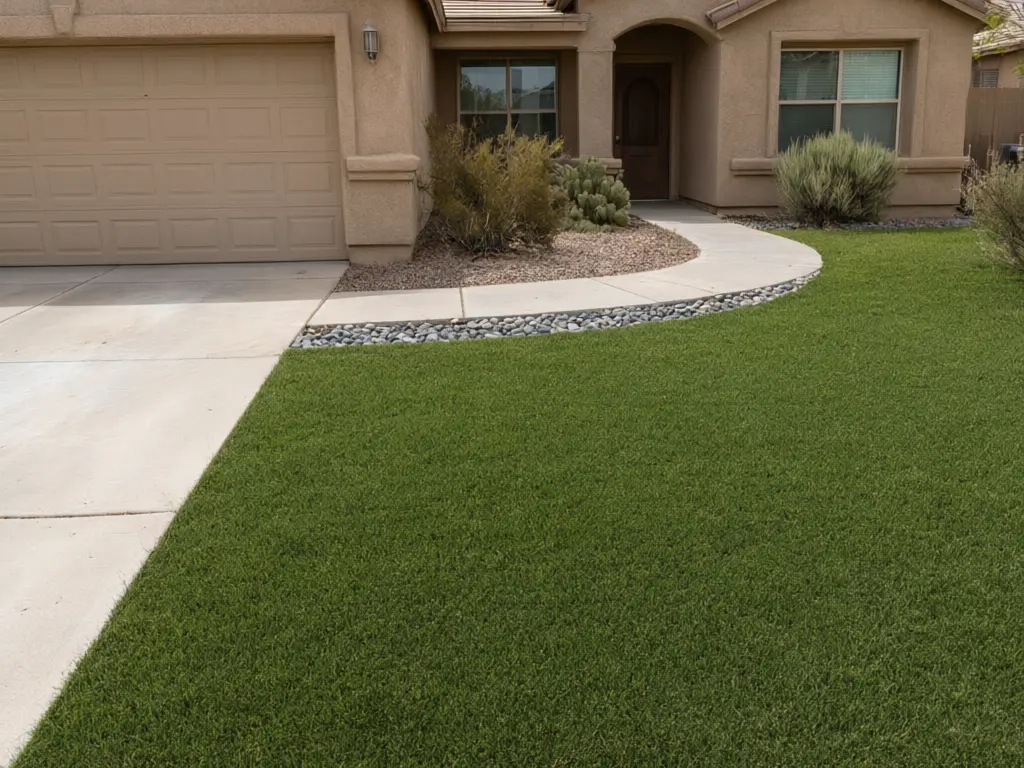 Artificial grass visualizer result: dry front yard replaced with lush green turf and a gray river rock border after AI redesign