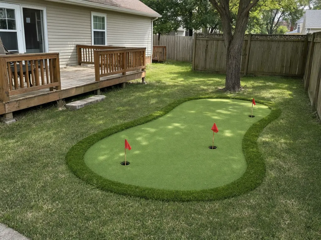 Backyard putting green visualizer result: curving putting green with three cups and flags installed in a backyard lawn after AI redesign