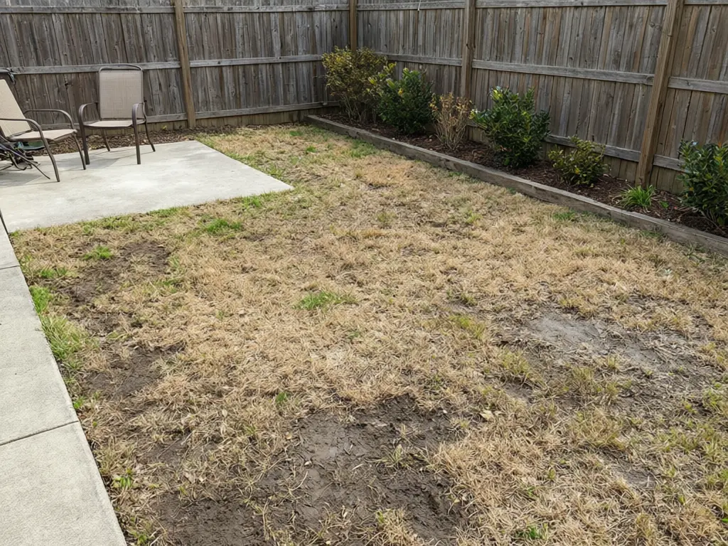Artificial turf visualizer result: patchy dead backyard lawn replaced with natural-looking artificial turf before AI redesign