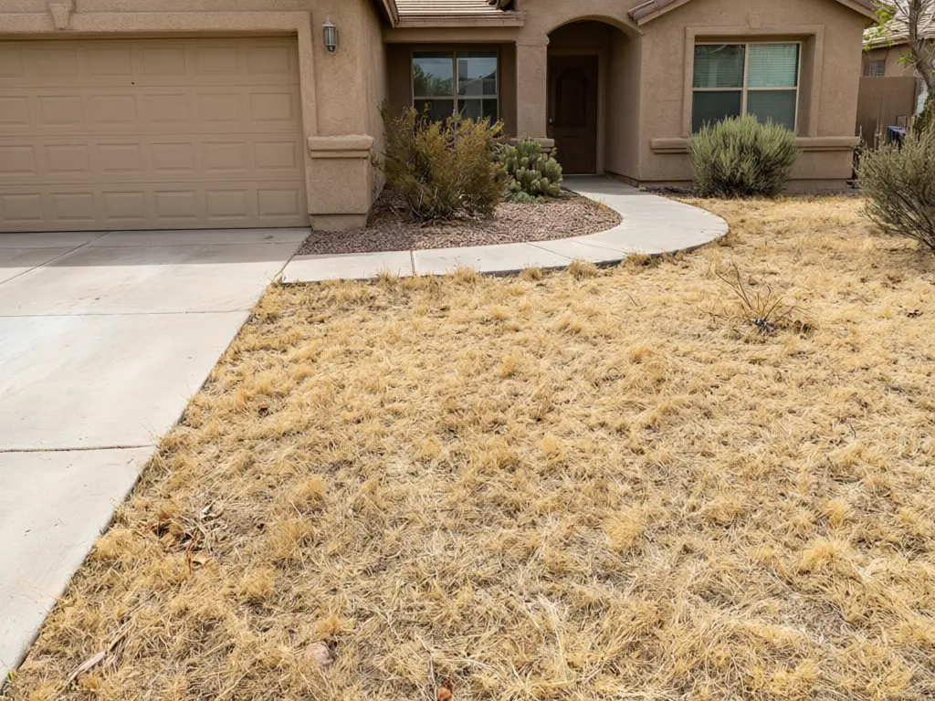 Artificial grass visualizer result: dry front yard replaced with lush green turf and a gray river rock border before AI redesign