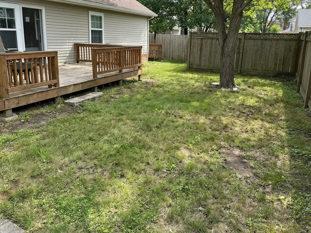 Backyard putting green visualizer result: curving putting green with three cups and flags installed in a backyard lawn before AI redesign