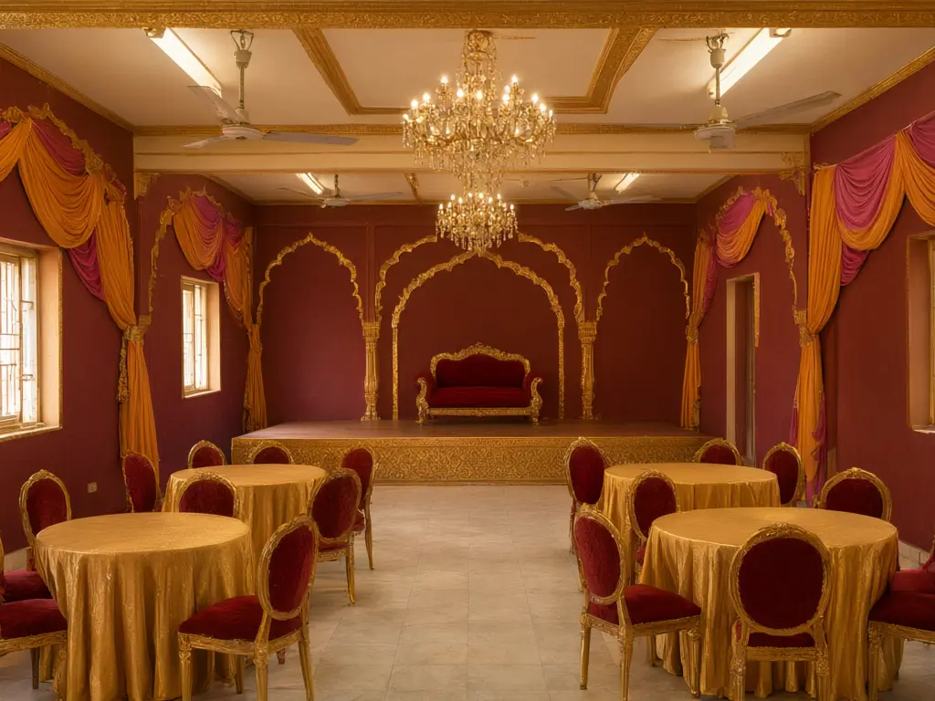 Marriage hall interior design result: dated cream hall with plastic chairs refitted in maroon and gold with carved arches, a golden false ceiling with crystal chandeliers, drapes, gold covered tables and a stage with a red sofa after AI redesign