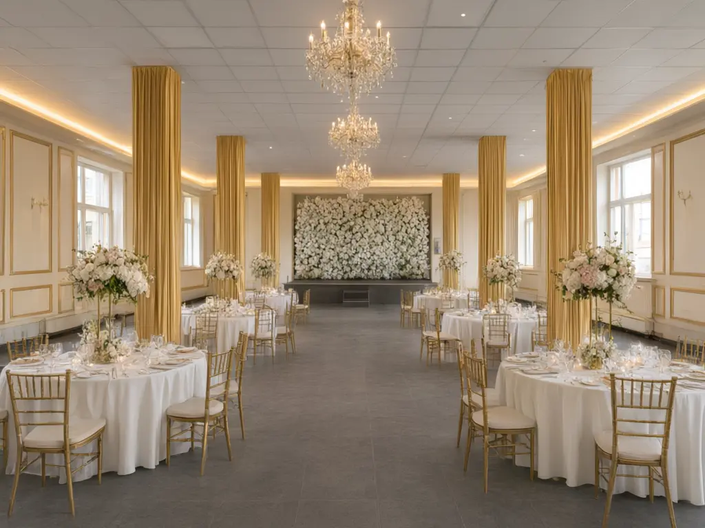 Banquet hall interior design result: empty white hall with square pillars refitted with ivory and gold wall panels, gold wrapped pillars, crystal chandeliers, round tables with white linens and gold chairs, and a white floral stage wall after AI redesign
