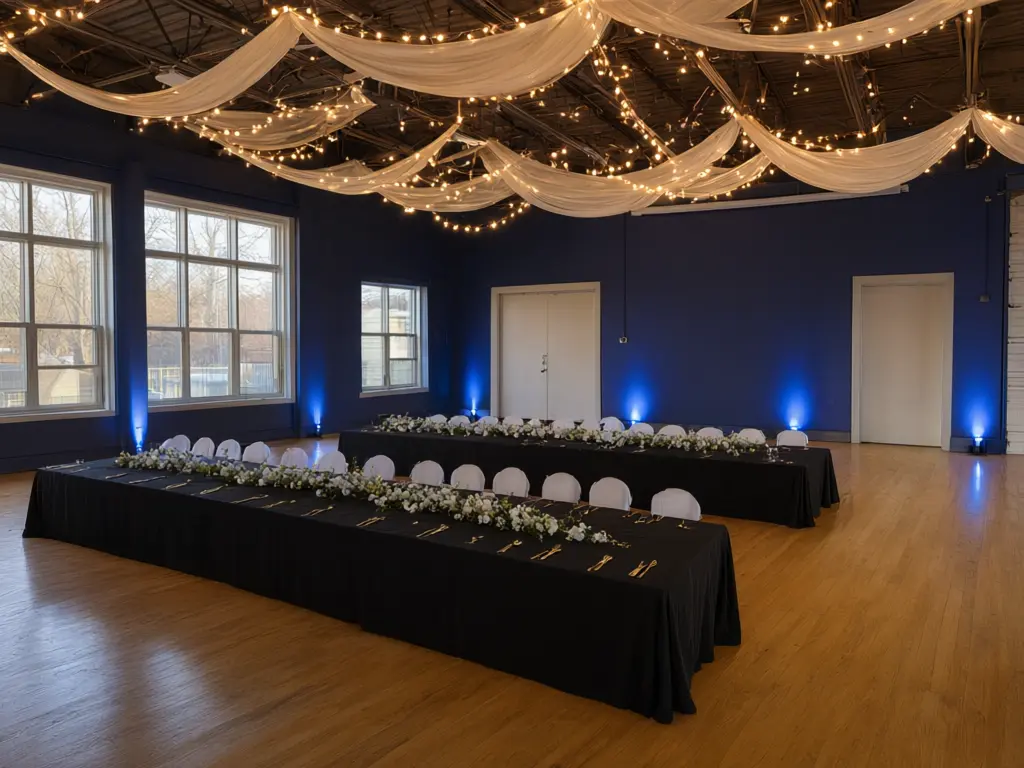 Event hall design result: bare hall with a wood floor and exposed trusses refitted with navy walls, white ceiling draping with string lights, long black linen tables with white flower runners and blue uplights after AI redesign