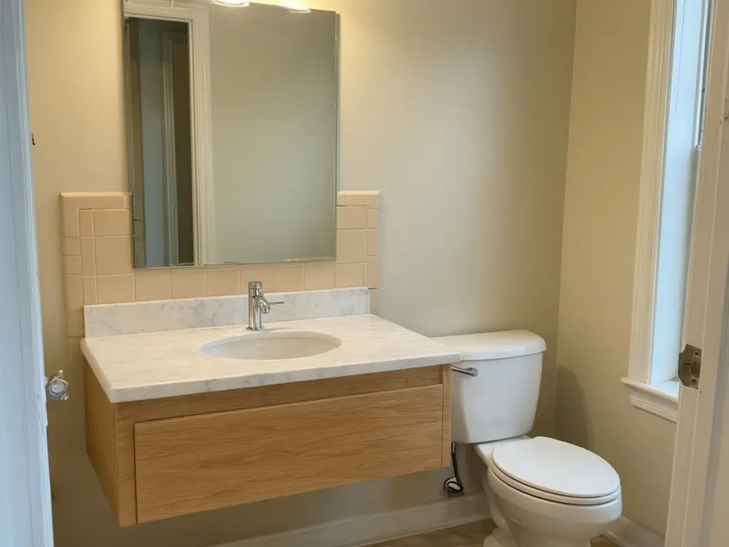 Bathroom vanity visualizer result: dated oak vanity cabinet replaced with a wall-mounted floating vanity in light oak with a white top after AI redesign