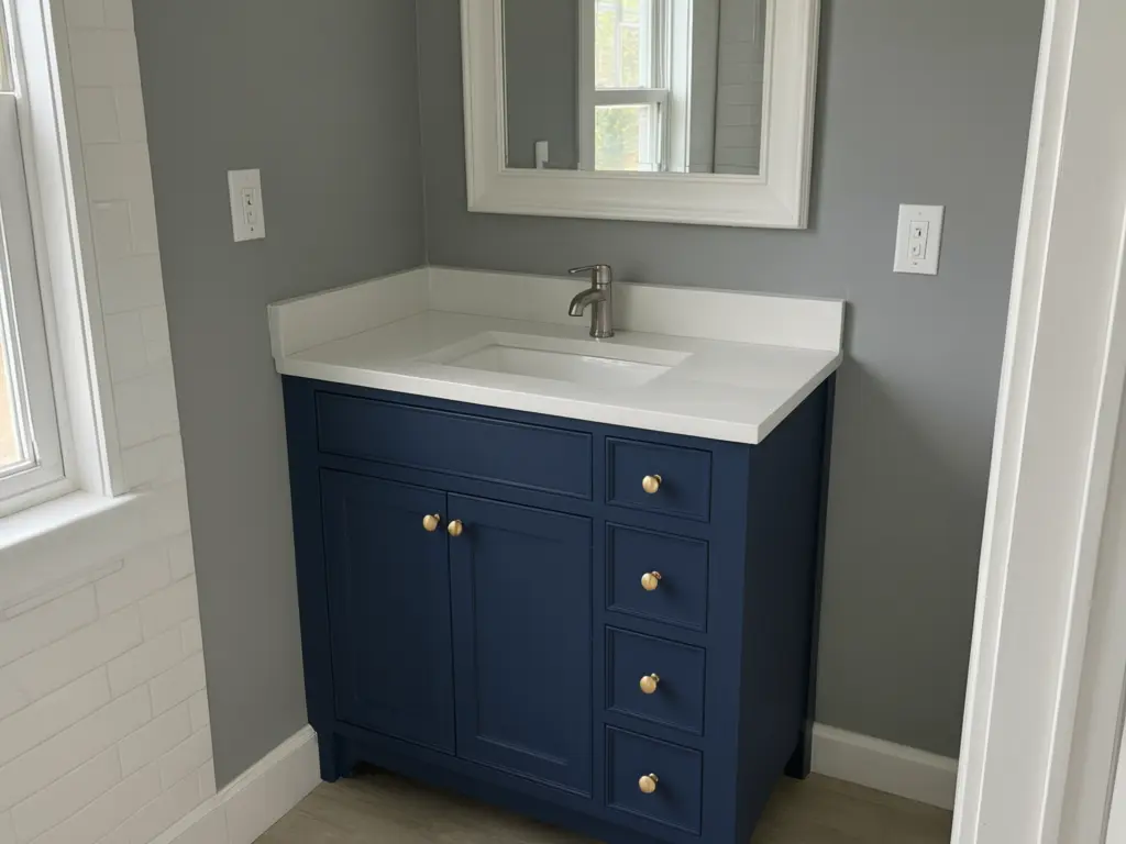 Vanity paint visualizer result: white bathroom vanity repainted deep navy blue with brushed gold knobs, top and sink kept after AI redesign