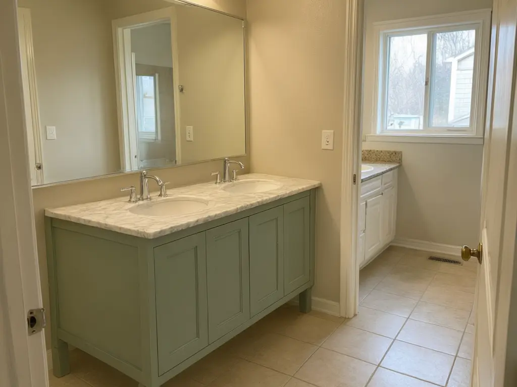 Double vanity visualizer result: white vanity with a granite top replaced with a sage green Shaker double vanity and a Carrara marble top after AI redesign