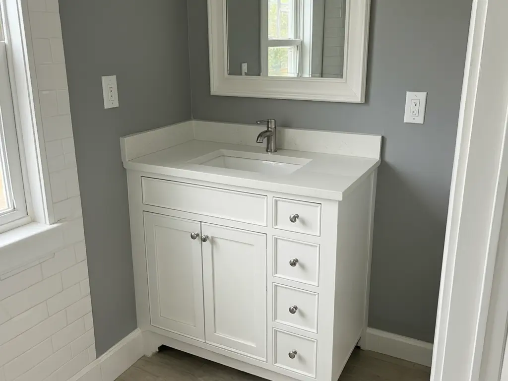 Vanity paint visualizer result: white bathroom vanity repainted deep navy blue with brushed gold knobs, top and sink kept before AI redesign