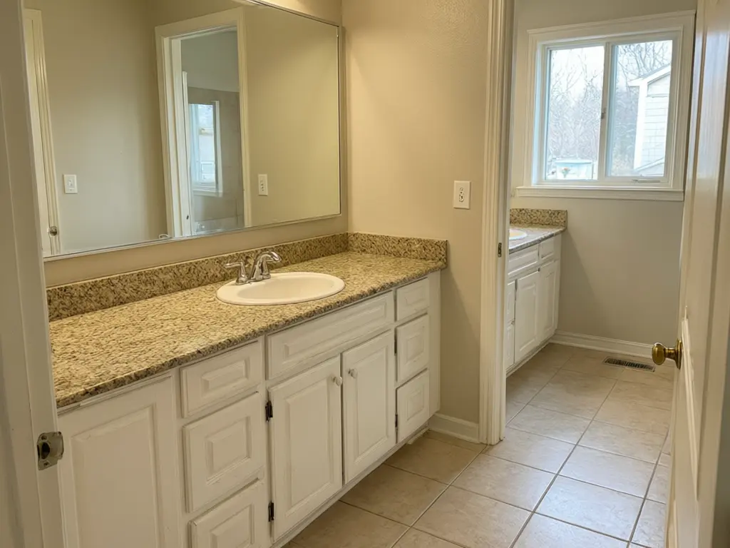 Double vanity visualizer result: white vanity with a granite top replaced with a sage green Shaker double vanity and a Carrara marble top before AI redesign