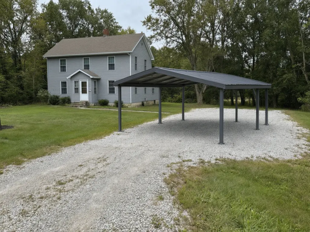 Carport visualizer result: freestanding A-frame metal carport for two cars in charcoal gray added at the end of a gravel driveway after AI redesign