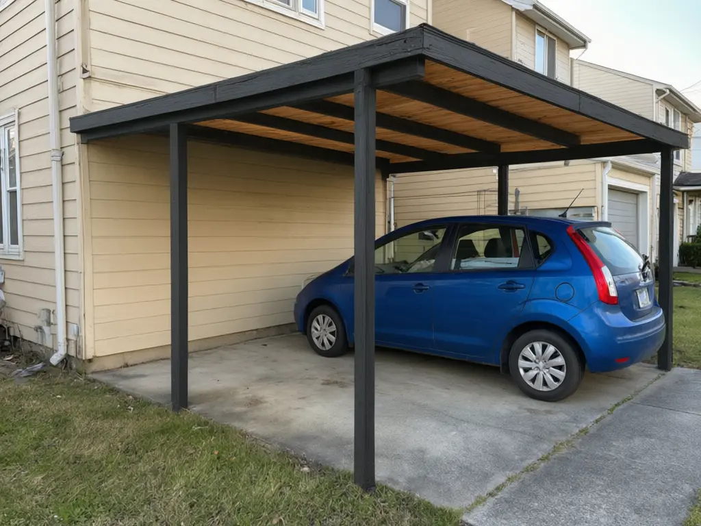 Carport makeover visualizer result: worn white carport repainted matte black with a natural wood ceiling under the roof, same size and position after AI redesign