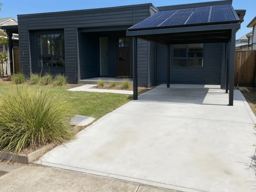 Solar carport visualizer result: modern carport with a roof of dark solar panels on a black steel frame added over the driveway beside the house after AI redesign