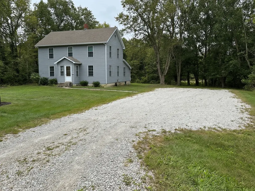 Carport visualizer result: freestanding A-frame metal carport for two cars in charcoal gray added at the end of a gravel driveway before AI redesign