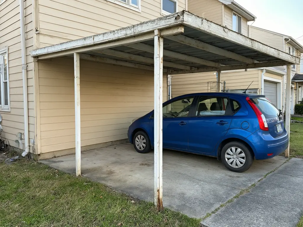 Carport makeover visualizer result: worn white carport repainted matte black with a natural wood ceiling under the roof, same size and position before AI redesign