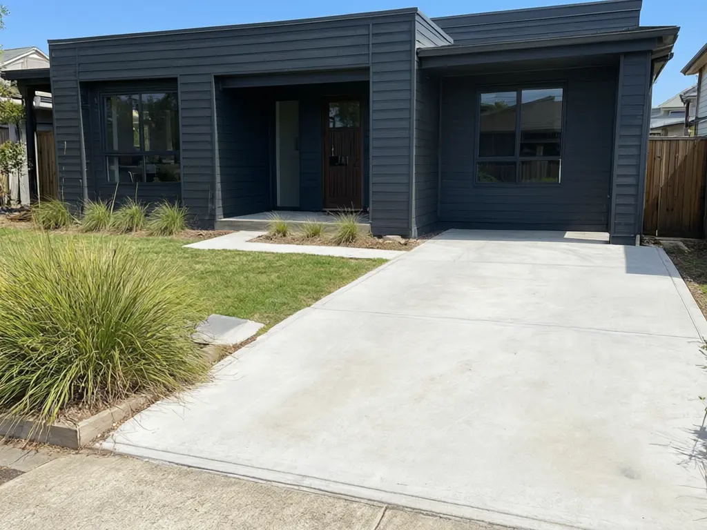 Solar carport visualizer result: modern carport with a roof of dark solar panels on a black steel frame added over the driveway beside the house before AI redesign