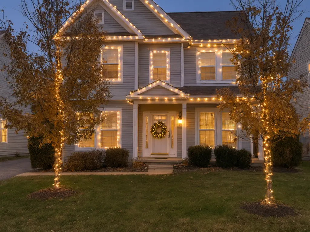 Christmas lights visualizer result: house shown at dusk with warm white C9 bulbs along the roofline, windows and front door after AI redesign