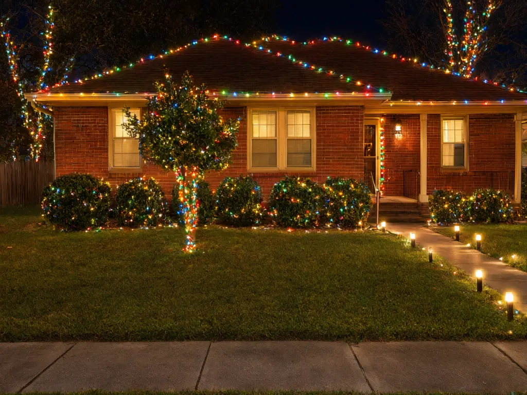 Christmas lights visualizer result: house at night with multicolor C9 roofline lights and lights wrapped around trees and bushes after AI redesign