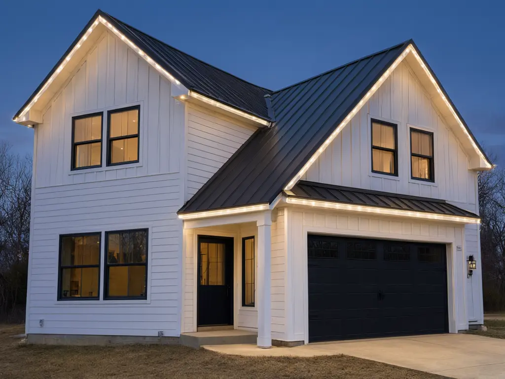 Permanent outdoor LED lighting visualizer result: farmhouse at dusk with evenly spaced warm white LED lights along the roofline only after AI redesign