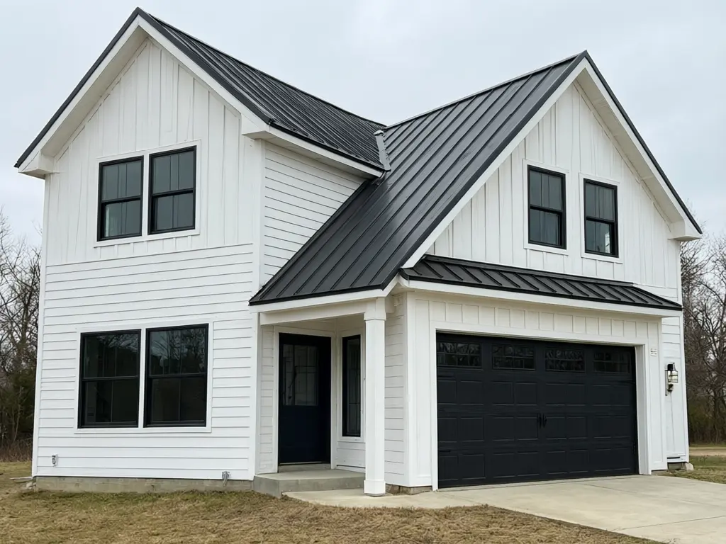 Permanent outdoor LED lighting visualizer result: farmhouse at dusk with evenly spaced warm white LED lights along the roofline only before AI redesign