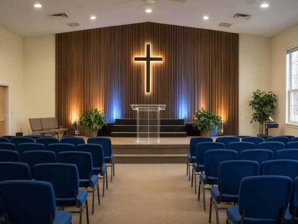 Church stage design result: plain church platform redesigned with a vertical wood slat wall, a backlit cross, warm and blue uplights and a clear acrylic pulpit, seats kept after AI redesign