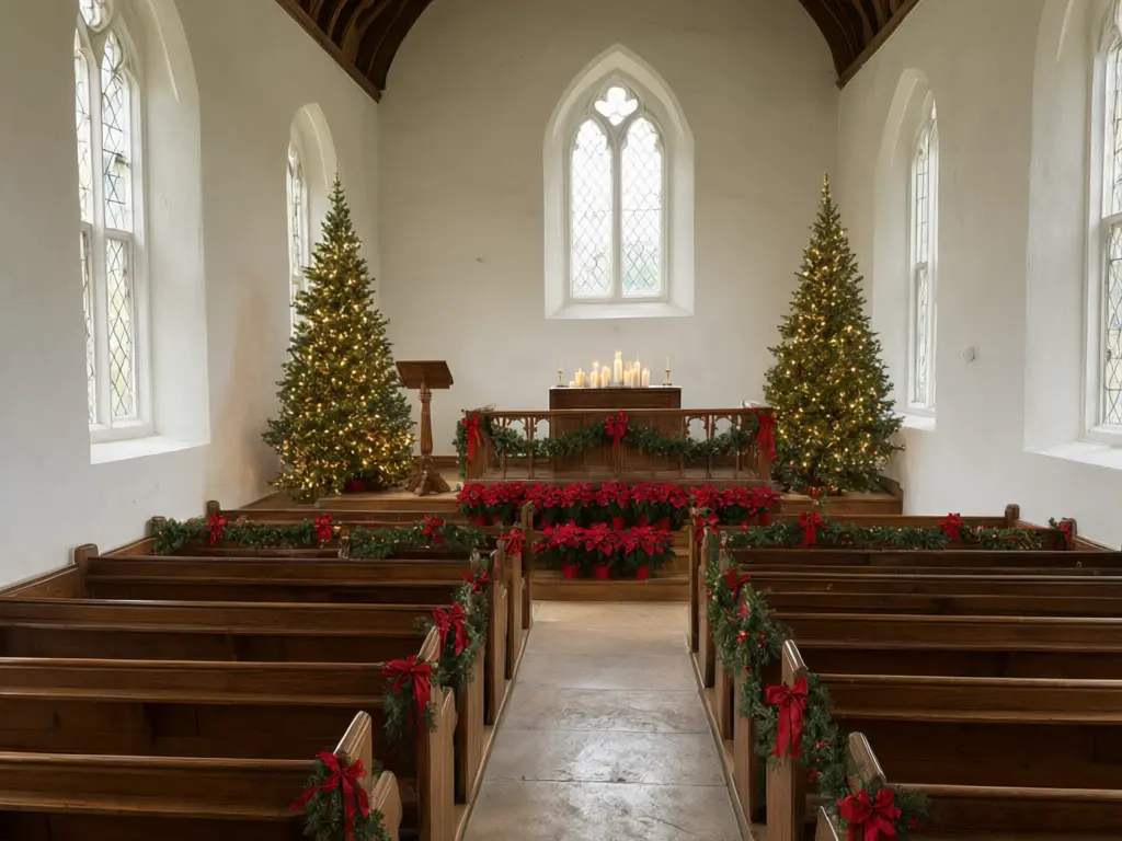 Church Christmas stage decoration result: traditional church chancel decorated with two lit Christmas trees, red poinsettias, candles and garland with red bows on the pews after AI redesign