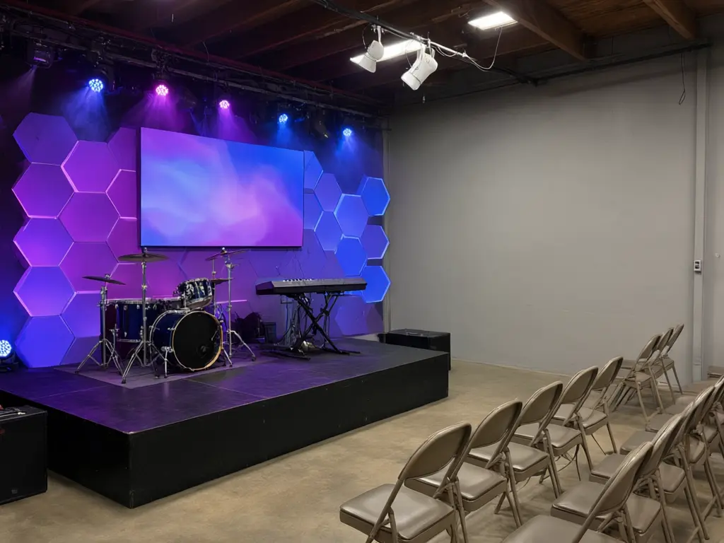 Church stage design ideas result: black curtained worship stage turned into a purple and blue lit hexagon panel wall with a centre screen, band and platform kept after AI redesign