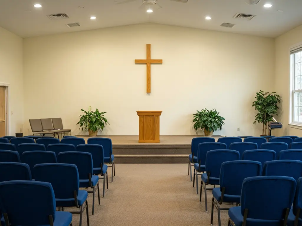 Church stage design result: plain church platform redesigned with a vertical wood slat wall, a backlit cross, warm and blue uplights and a clear acrylic pulpit, seats kept before AI redesign