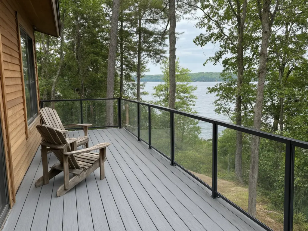 Deck railing visualizer result: old wooden deck railing replaced with clear tempered glass panels between slim matte black aluminium posts after AI redesign