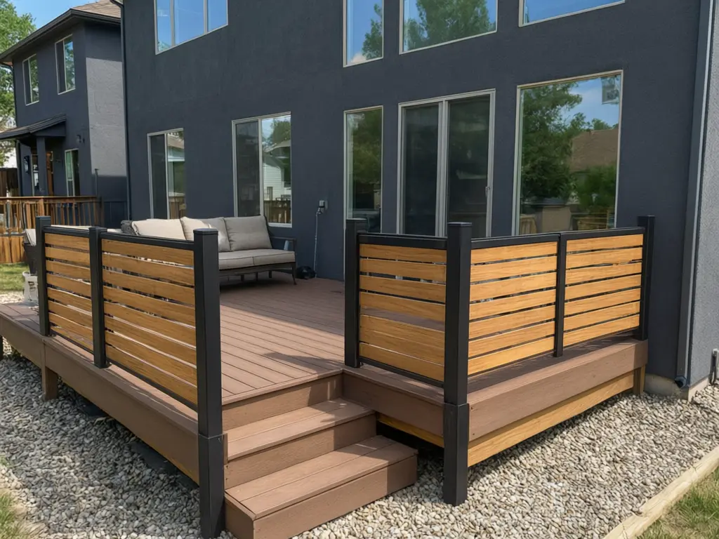 Deck railing visualizer result: deck railing replaced with modern horizontal cedar wood slats between black metal posts after AI redesign