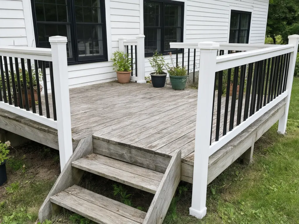 Deck railing visualizer result: deck railing replaced with white composite posts and top rail with round black aluminium balusters after AI redesign