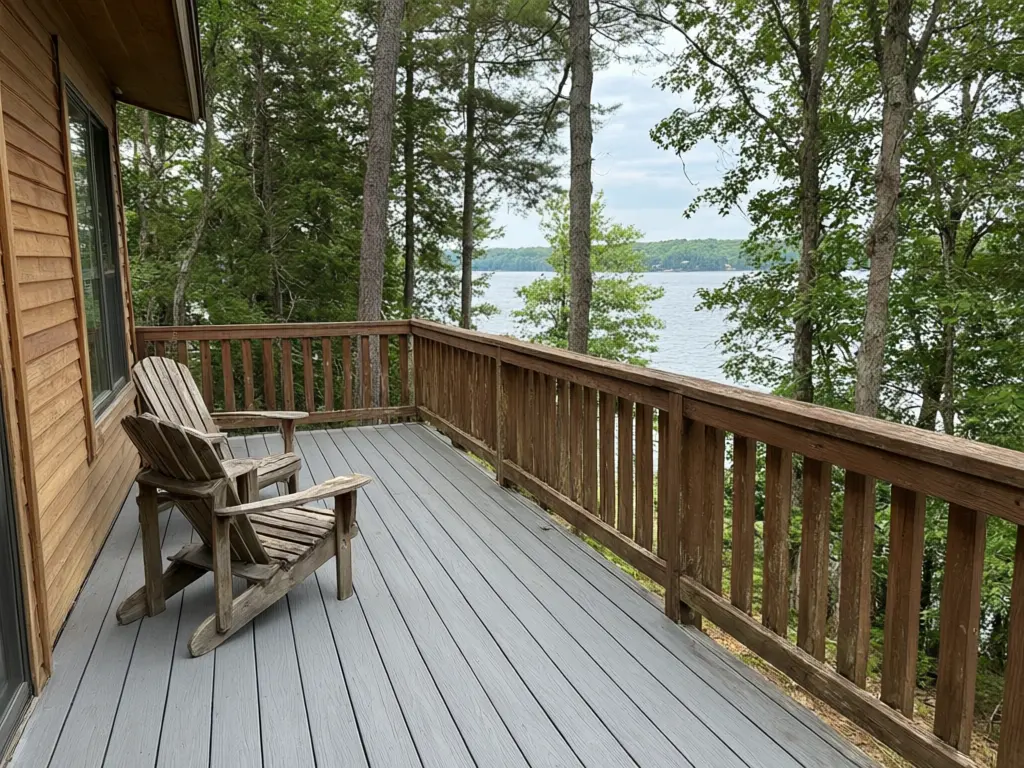 Deck railing visualizer result: old wooden deck railing replaced with clear tempered glass panels between slim matte black aluminium posts before AI redesign