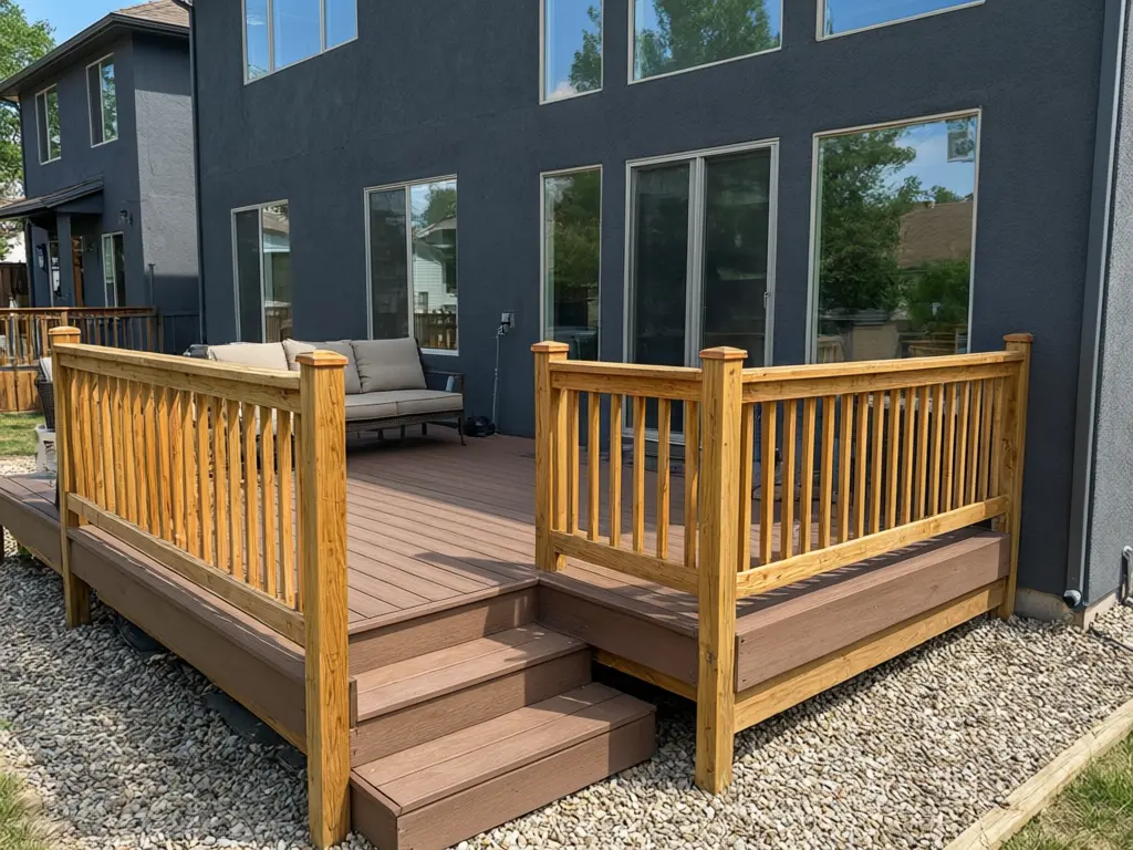 Deck railing visualizer result: deck railing replaced with modern horizontal cedar wood slats between black metal posts before AI redesign