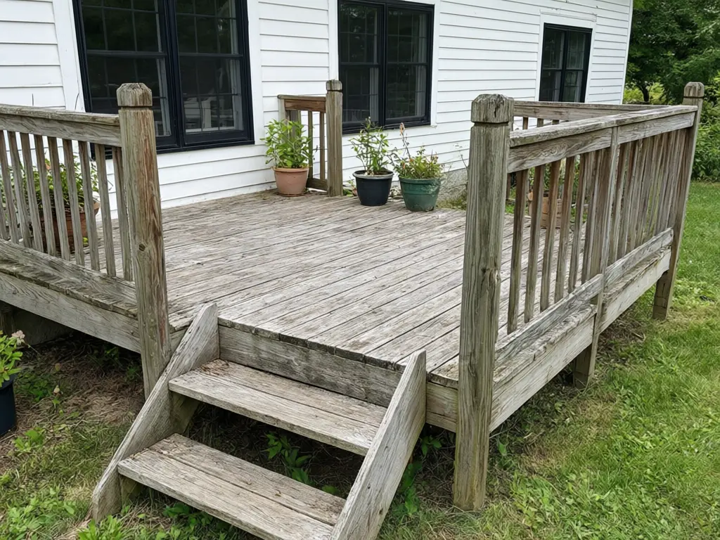 Deck railing visualizer result: deck railing replaced with white composite posts and top rail with round black aluminium balusters before AI redesign