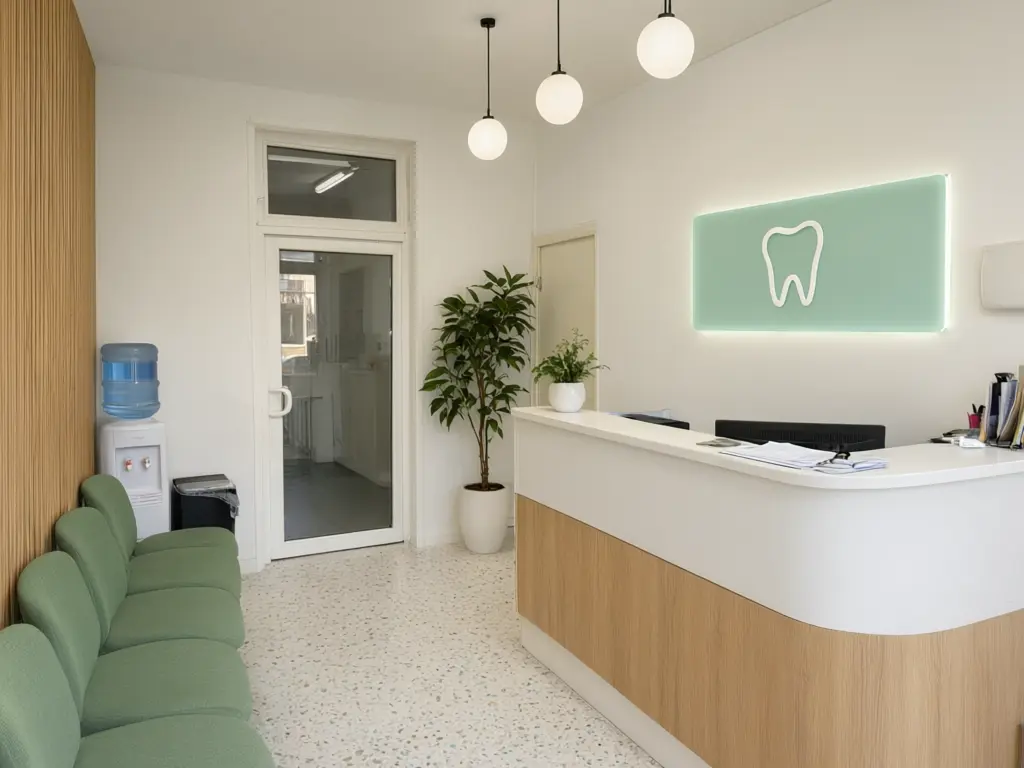 Dental clinic reception design result: plain white reception with black chairs refitted with a curved white and oak desk, a lit mint green tooth logo panel, soft green waiting chairs, an oak slat wall and a terrazzo floor after AI redesign