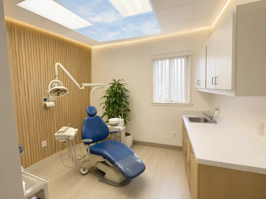 Dental office interior design result: dated beige treatment room refitted with an oak slat feature wall, a backlit sky ceiling panel above the chair, warm cove lighting, oak cabinets and a pale wood floor, with the same dental chair after AI redesign