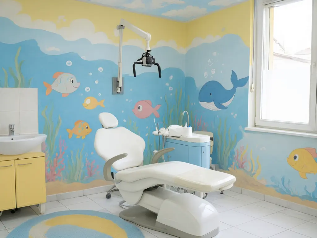Pediatric dental office design result: plain white dental surgery turned into a kids room with an underwater mural of fish and a whale, a cloud ceiling, yellow and blue cabinets and a round rug, with the same chair and x-ray arm after AI redesign