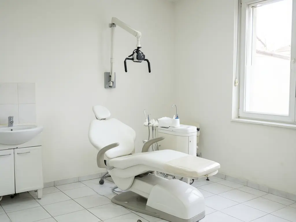 Pediatric dental office design result: plain white dental surgery turned into a kids room with an underwater mural of fish and a whale, a cloud ceiling, yellow and blue cabinets and a round rug, with the same chair and x-ray arm before AI redesign